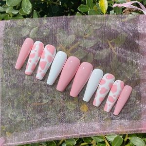 Pink Cow Print Long Coffin Press On Nail Set
